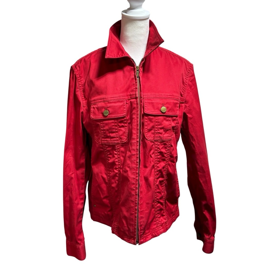 Jones New York Signature Red Stretch Cotton Utility Zip Up Jacket‎ Large #193